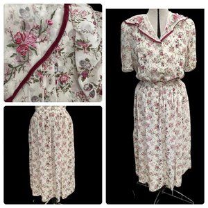 Vintage 80’s Nalani Sheer, Floral  Midi Lined Skirt, Sailor Collar Shirt Size 10